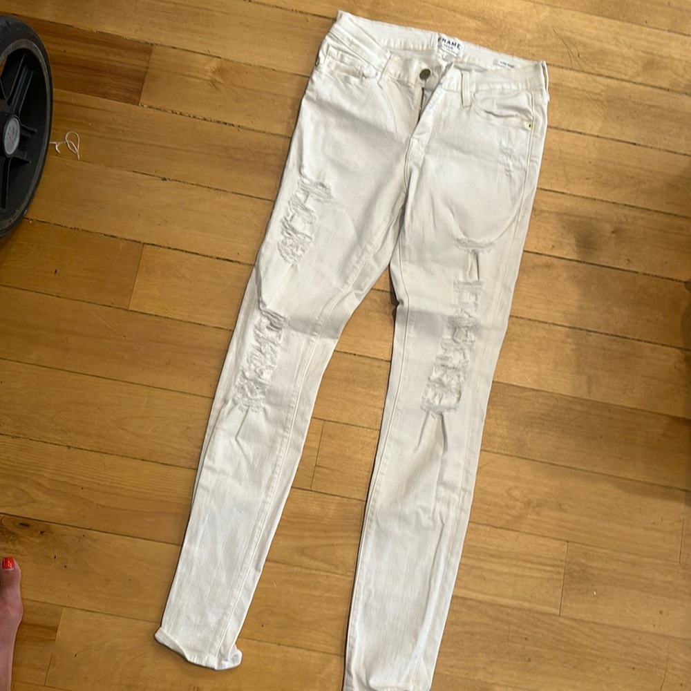 Frame white skinny jeans with rips. “Le high straight” size 27 - stretchy!